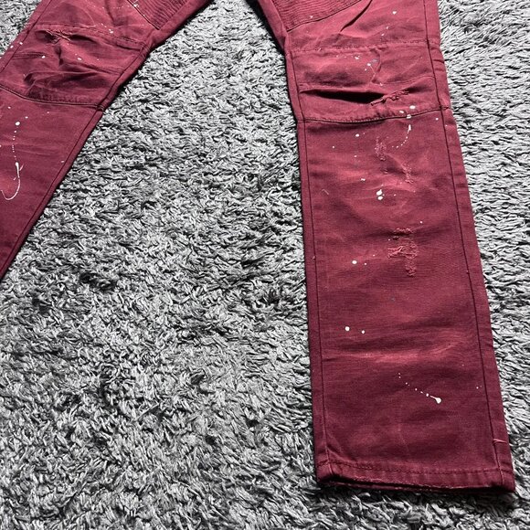 Square Zero Jeans Mens 36x33 Red Denim Distressed Biker Slim Paint Zipper Logo - Picture 13 of 16